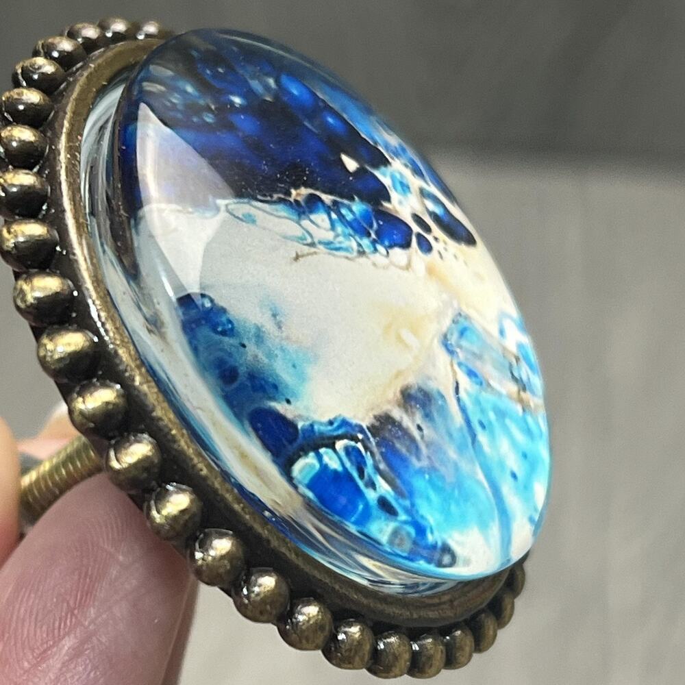 Set of 2 Round Blue White Dome Cabinet Knobs Drawer Pulls Antique Brass Marbled - Picture 9 of 9